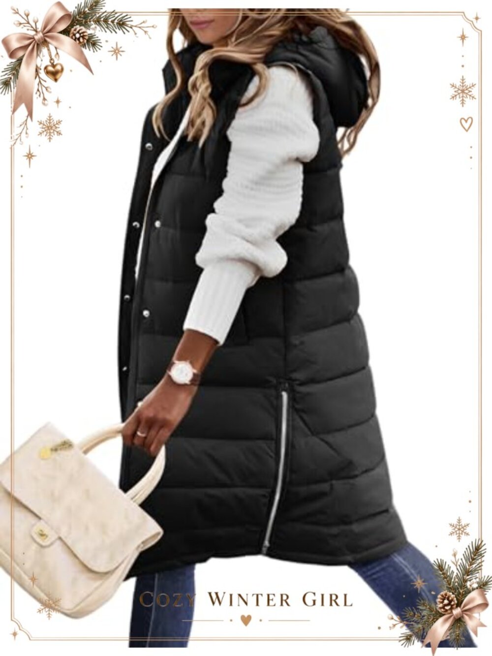 Women Long Puffer Vest Hooded Sleeveless Quilted Winter Layer